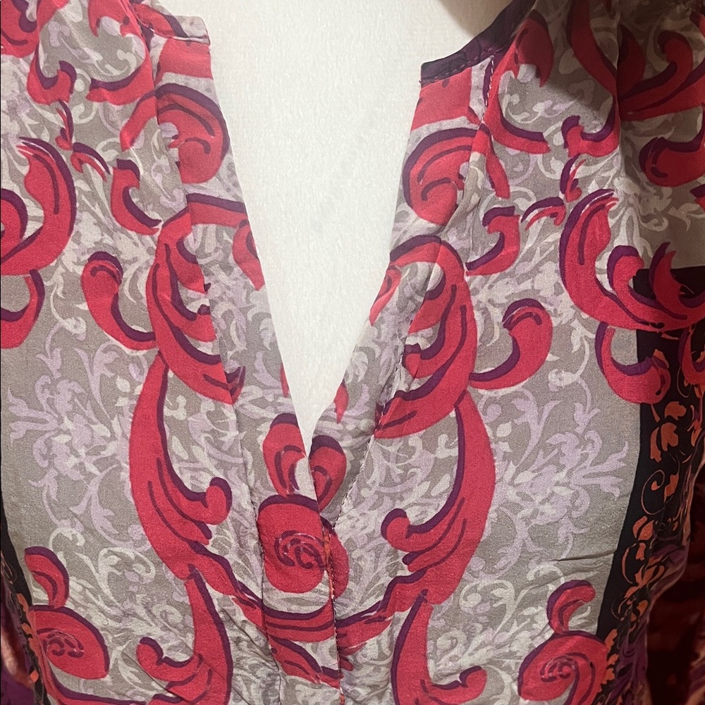 Hale Bob colorful top w/ flowers, Sz S silk, long sleeves, v- neck, bohemian - Picture 6 of 12